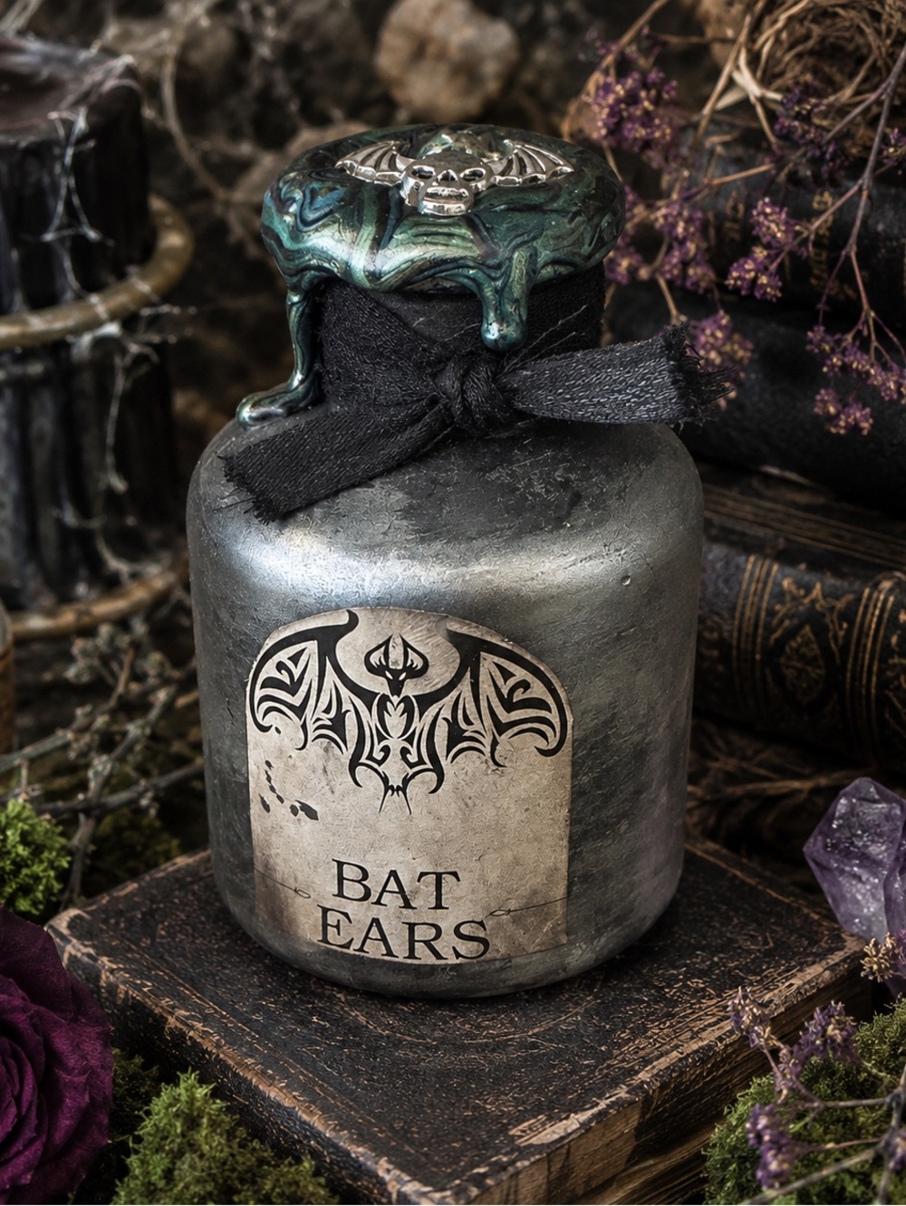 Handmade Bat Ears Glass Potion Bottle Gothic Halloween Decor 3”